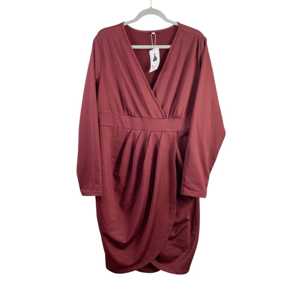 LAOLASI Plus Size 3X Faux Wrap Dress NWT Burgundy V-Neck Front Slit Midi Bodycon